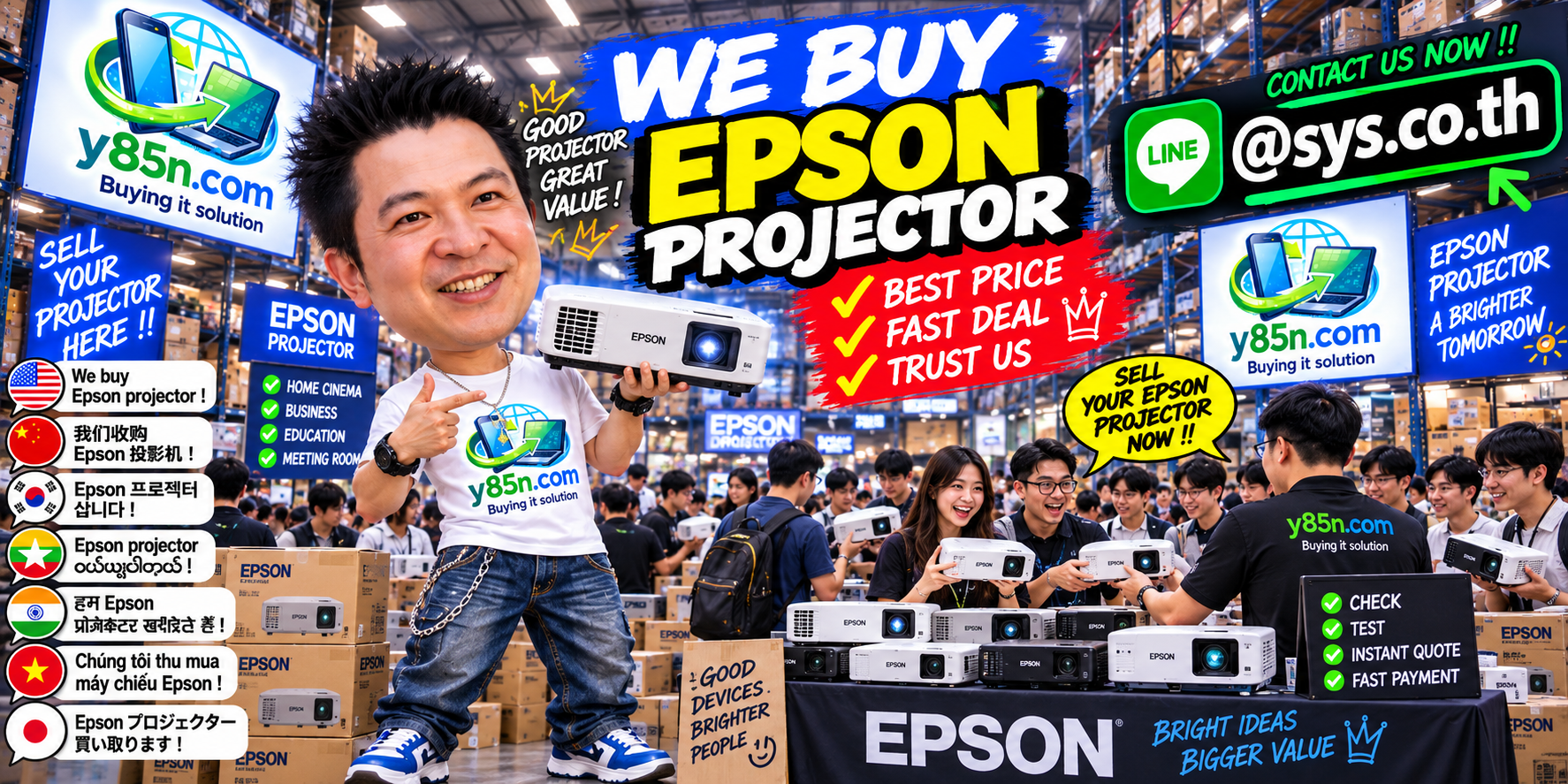Final Y85N.com Epson projector buying banner with line contact and bulk buying message