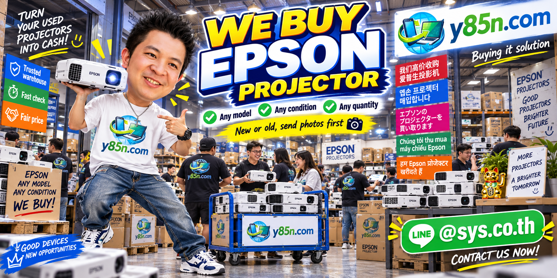 Y85N.com Epson projector buying banner with easy contact and pickup service