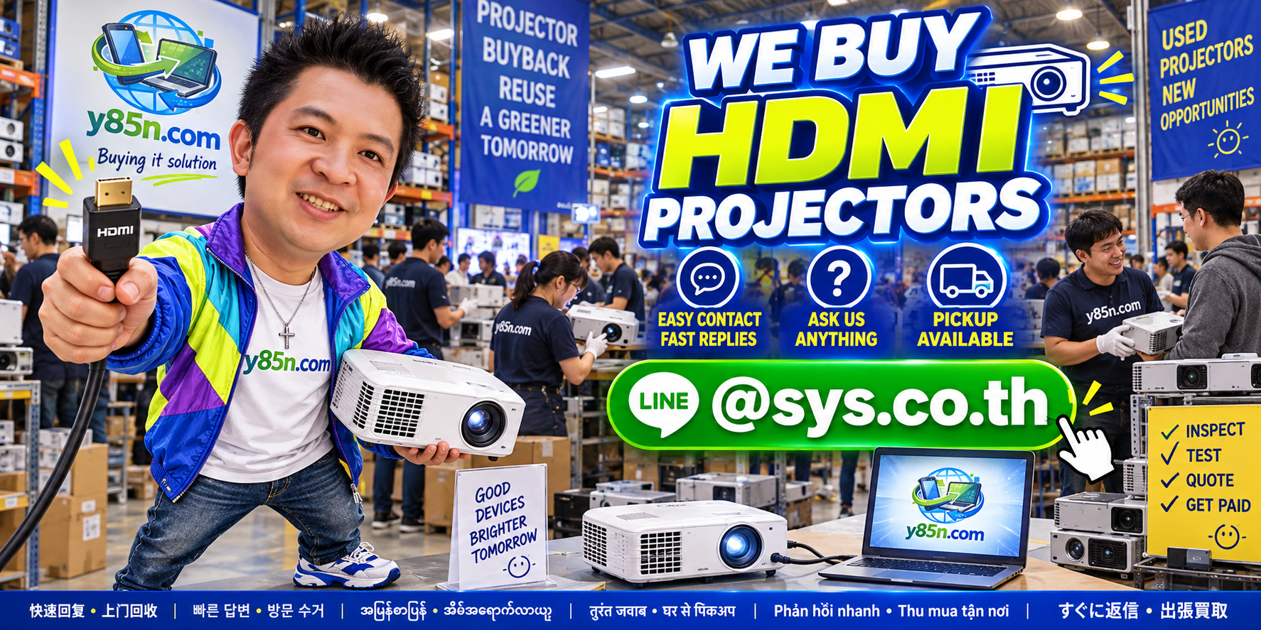 Y85N.com team handling used HDMI projectors in a busy IT warehouse