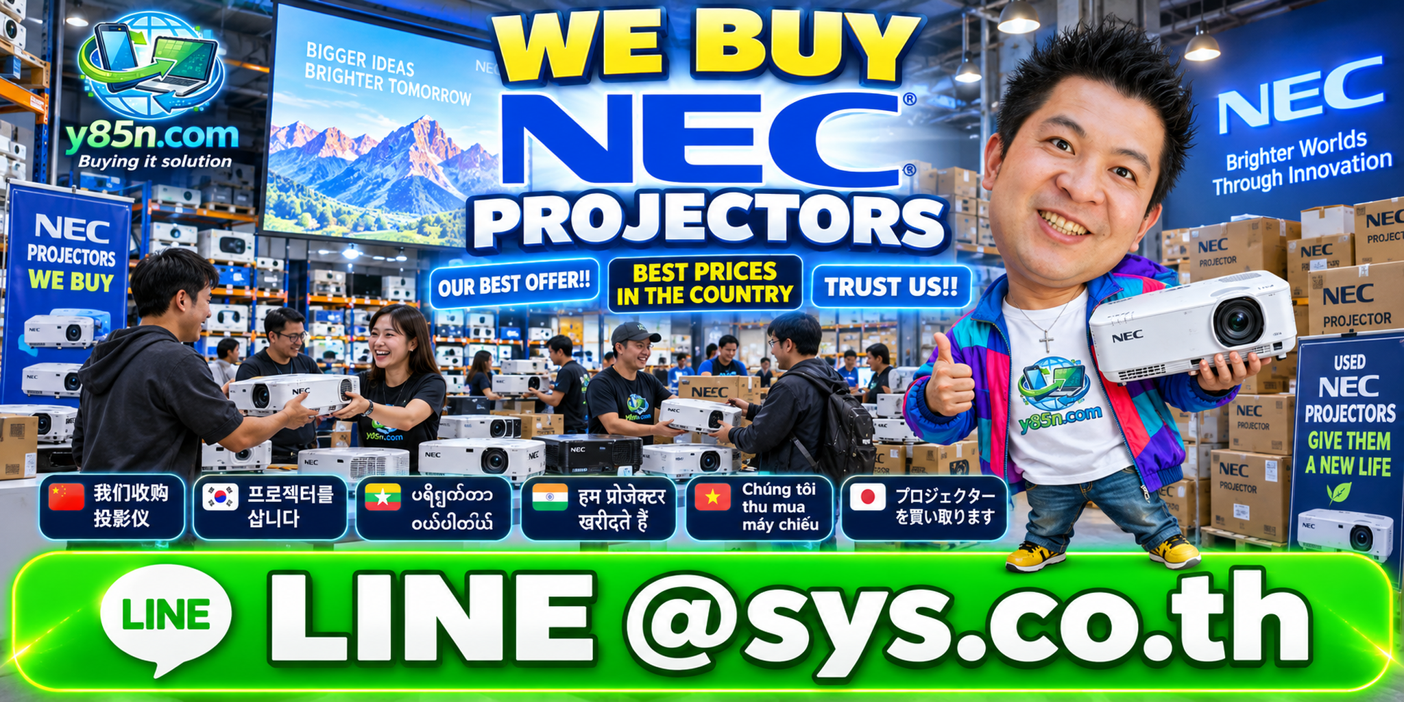 Y85N.com warehouse buying used NEC projectors with international seller support