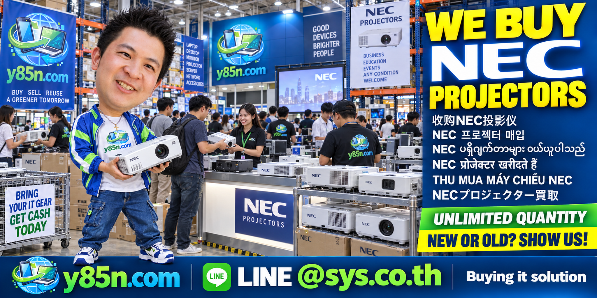 Y85N.com warehouse team buying NEC projectors from international and institutional sellers