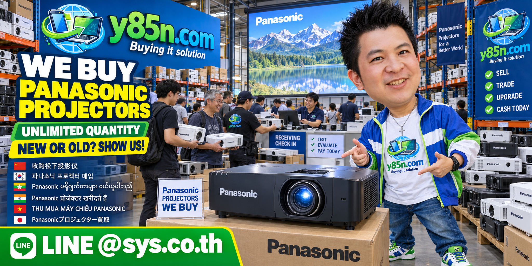 Y85N.com buying used Panasonic projectors in a busy IT warehouse