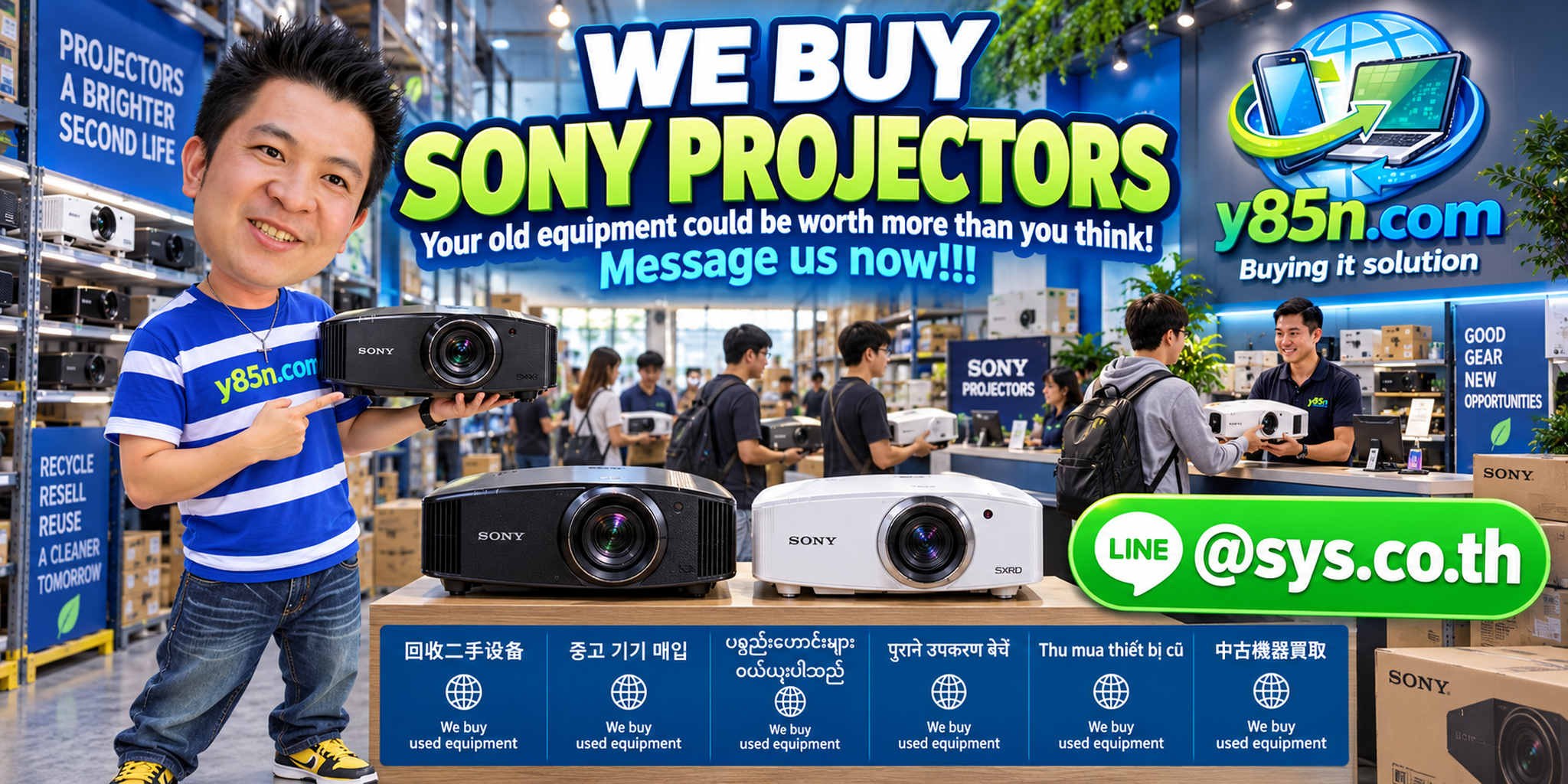 Y85N.com buying Sony projectors in a busy projector warehouse in Thailand