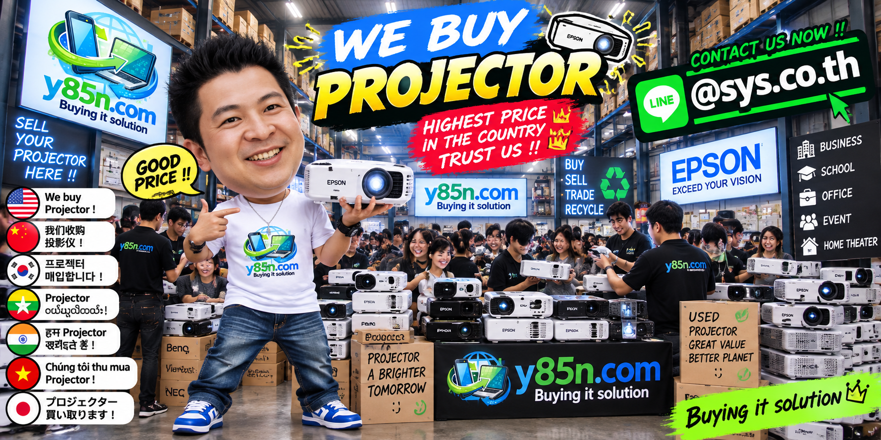 Y85N.com warehouse buying used projectors with international seller support