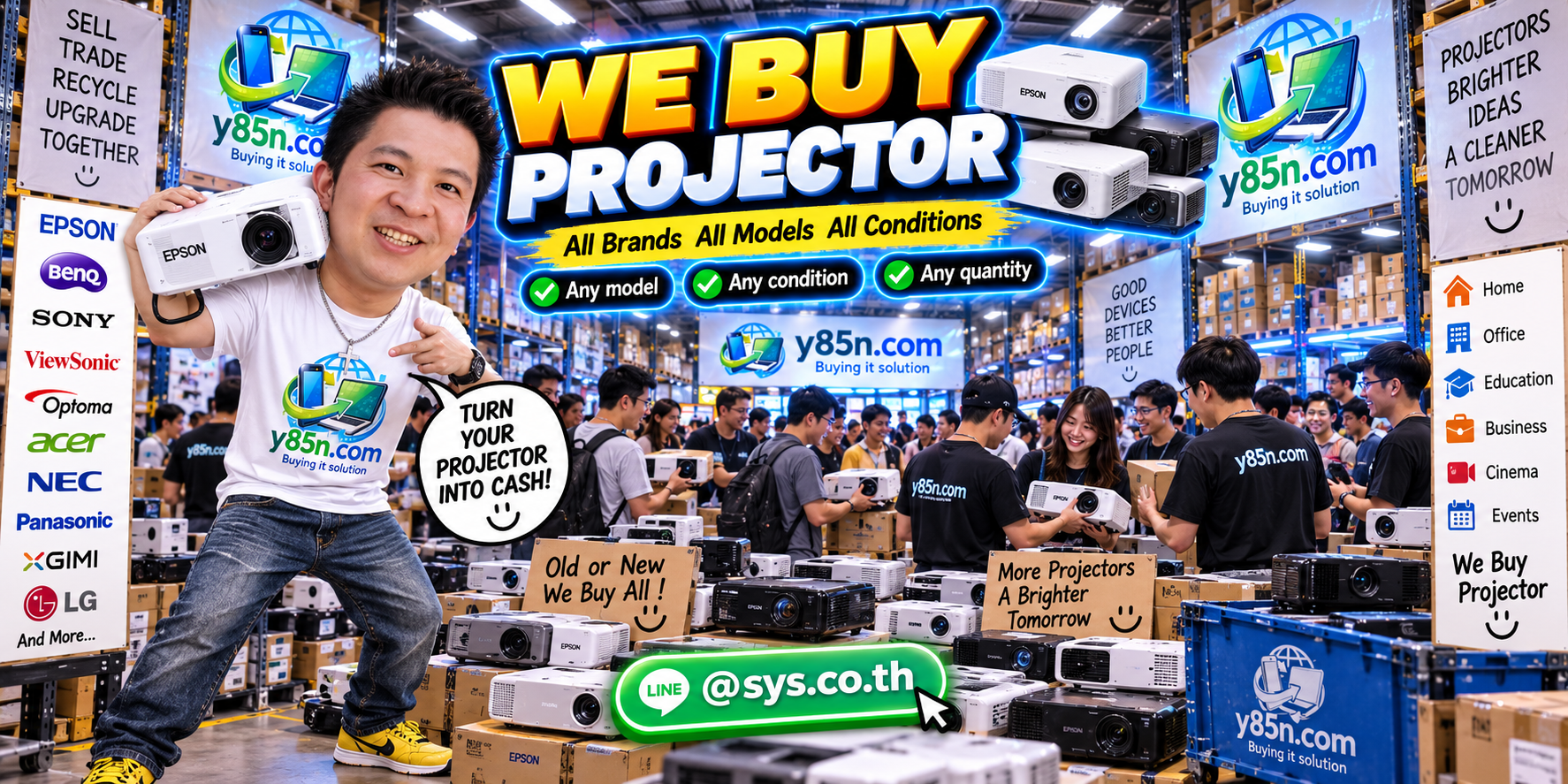 Y85N.com team and customers at a busy projector buying warehouse