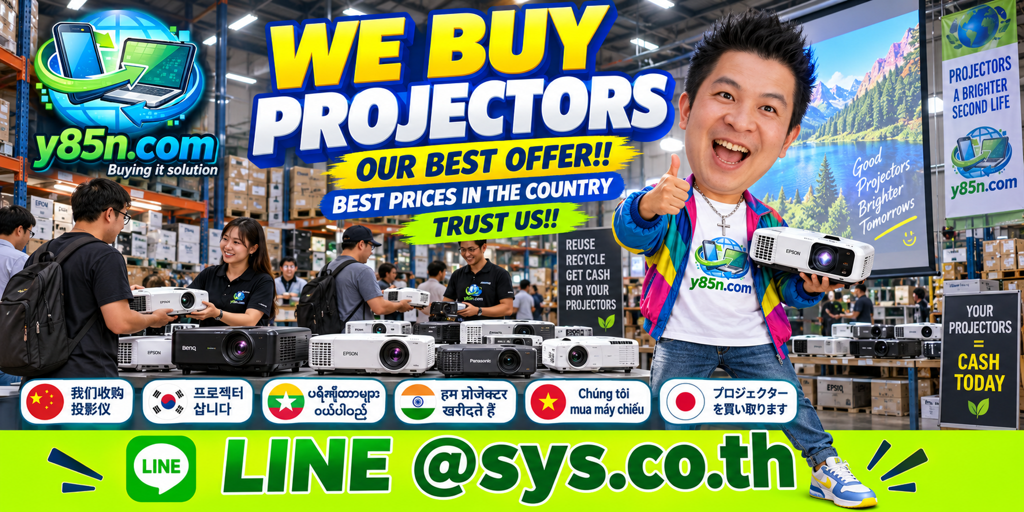 Y85N.com warehouse buying used projectors with international seller service in Thailand