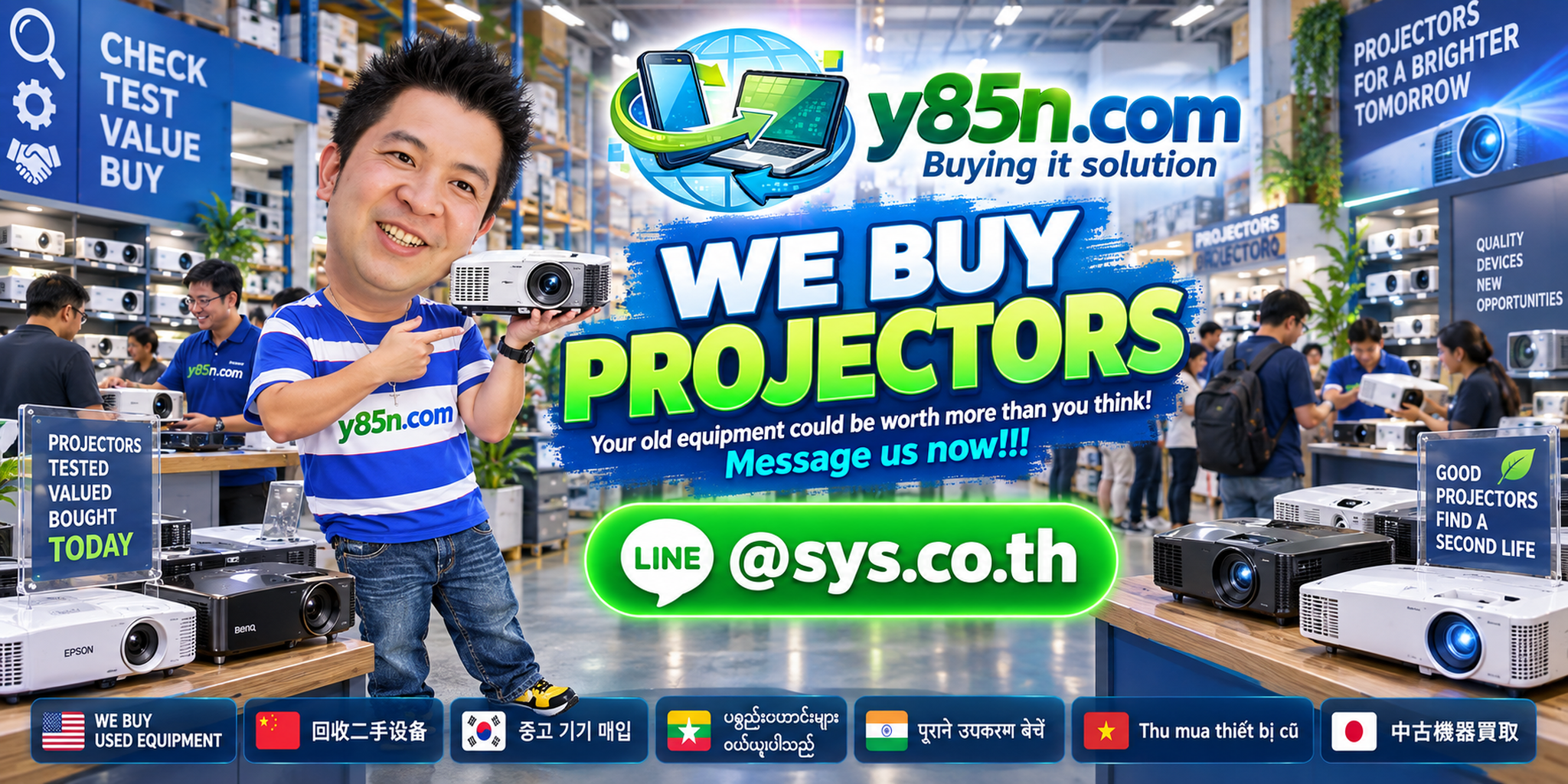 Busy Y85N.com IT warehouse buying used projectors in Thailand