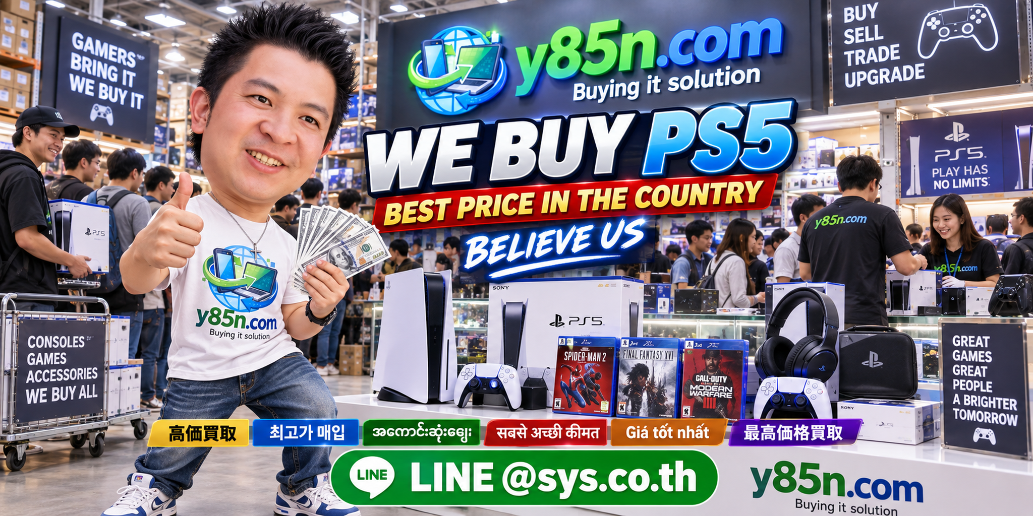 Y85N.com warehouse buying used PS5 consoles with international seller messaging