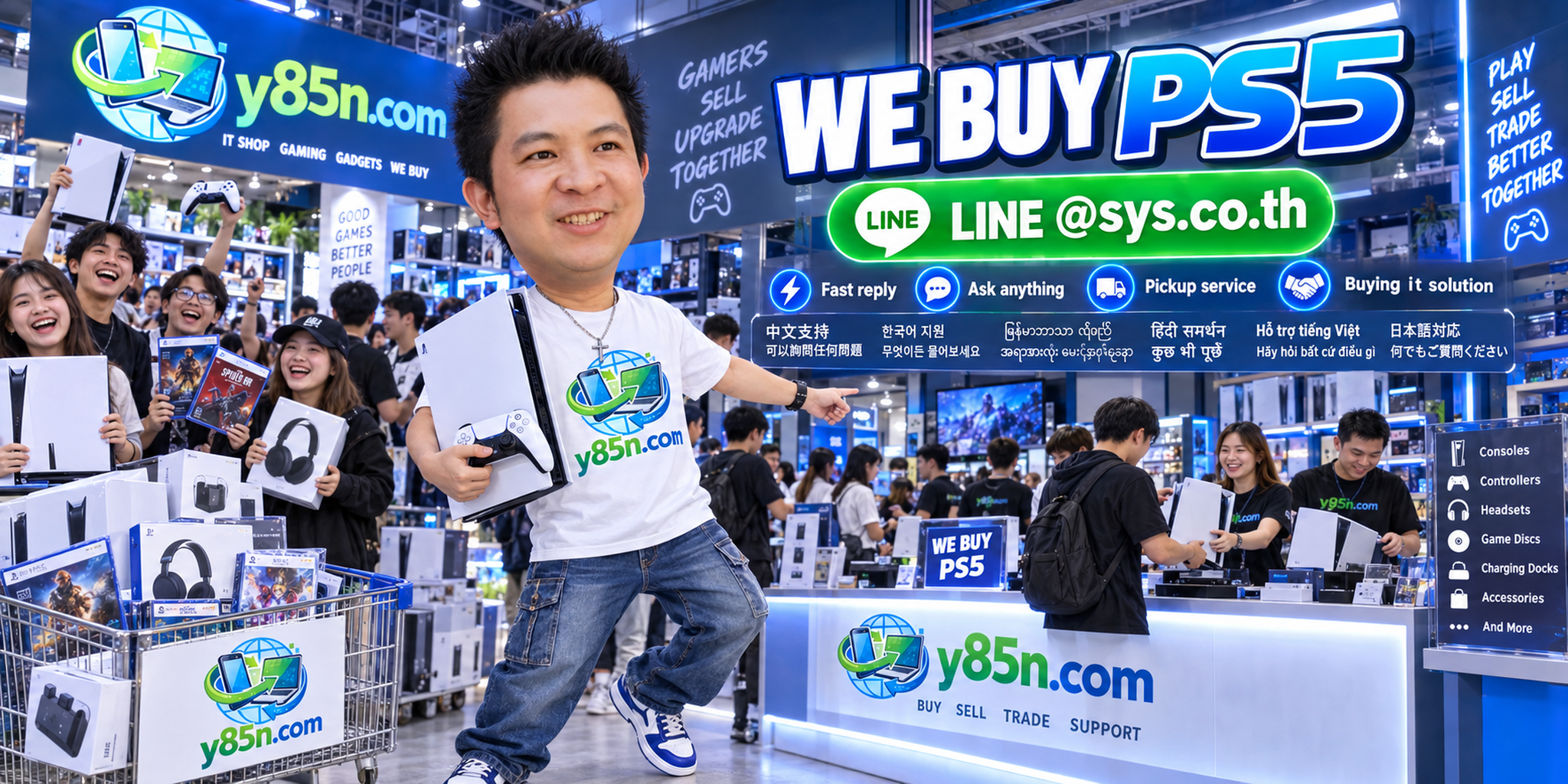 Y85N.com PS5 buying service contact banner with LINE at sys.co.th