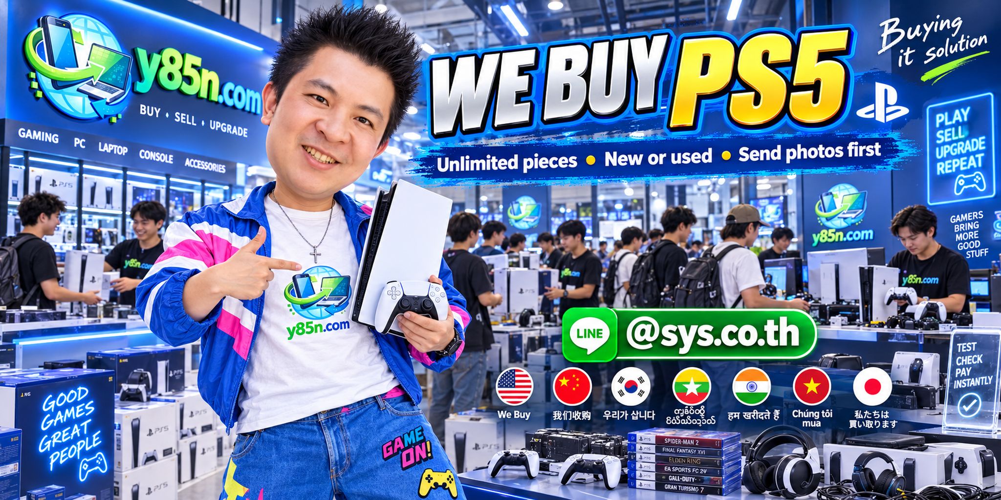 Y85N.com team and customers at a busy PS5 buying warehouse