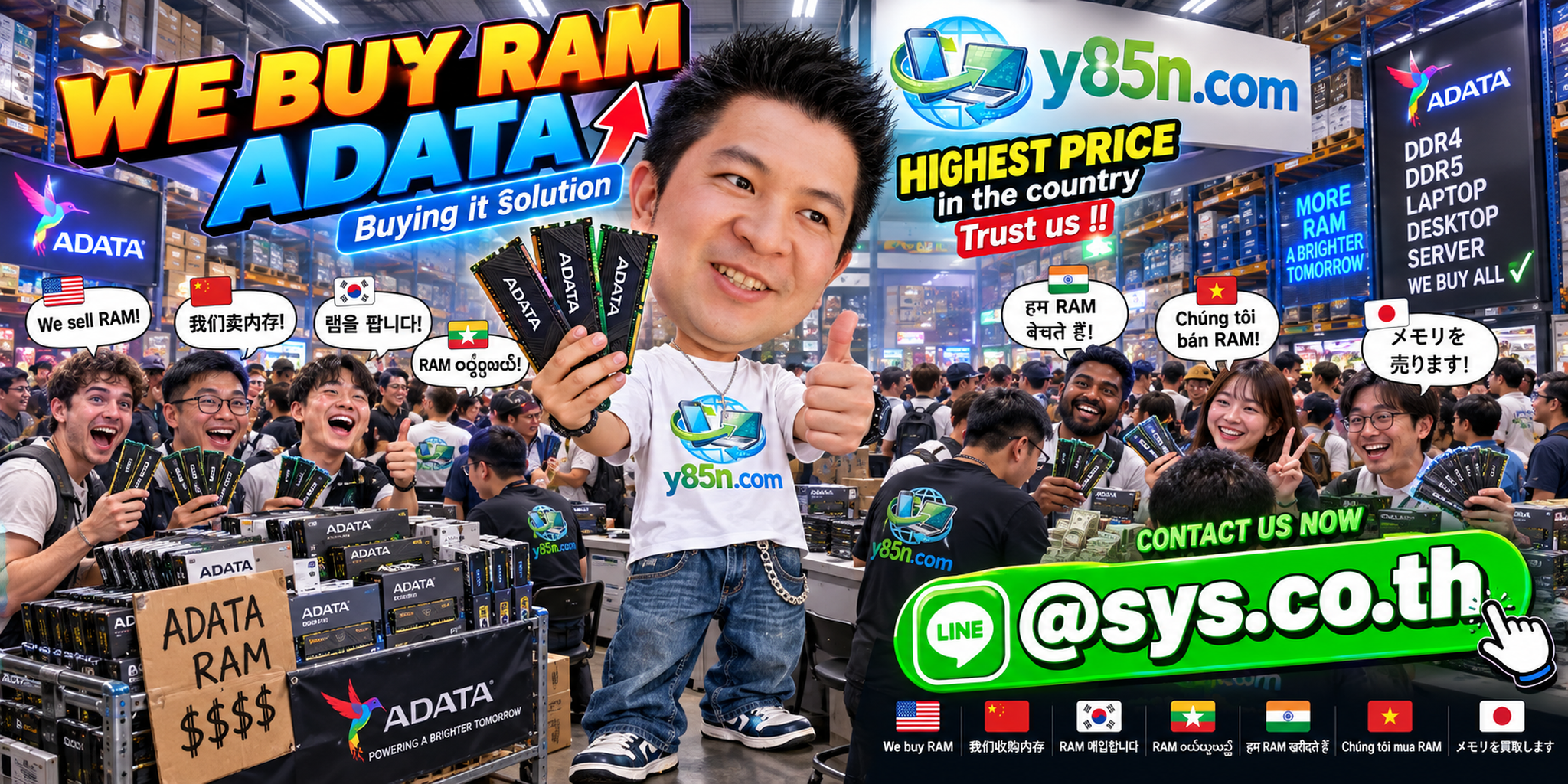 Y85N.com warehouse buying used ADATA RAM with international seller messaging