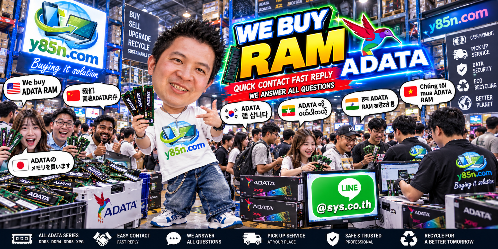 Y85N.com ADATA RAM buying service contact banner with LINE at sys.co.th