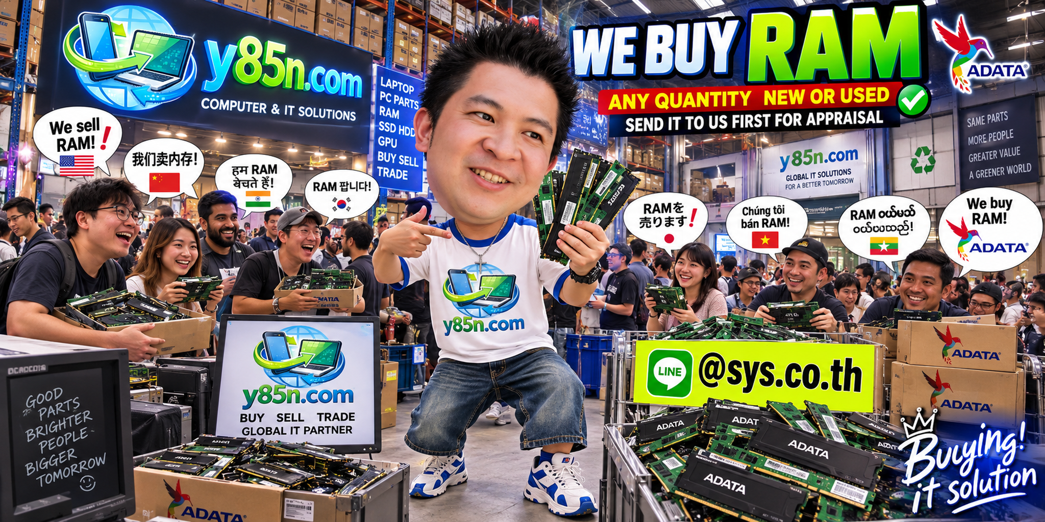 Y85N.com team and customers at a busy ADATA RAM buying warehouse