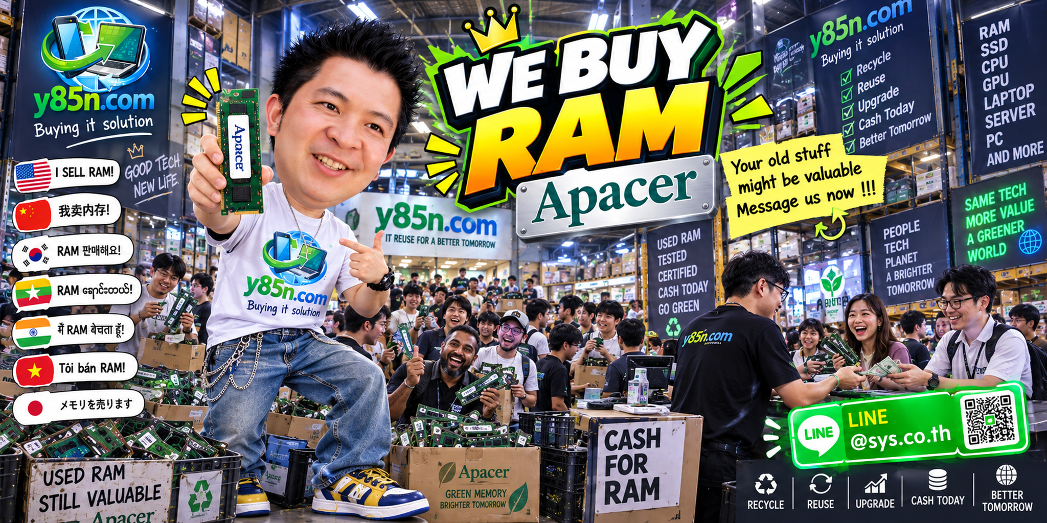 Busy Y85N.com warehouse buying used and bulk Apacer RAM in Thailand