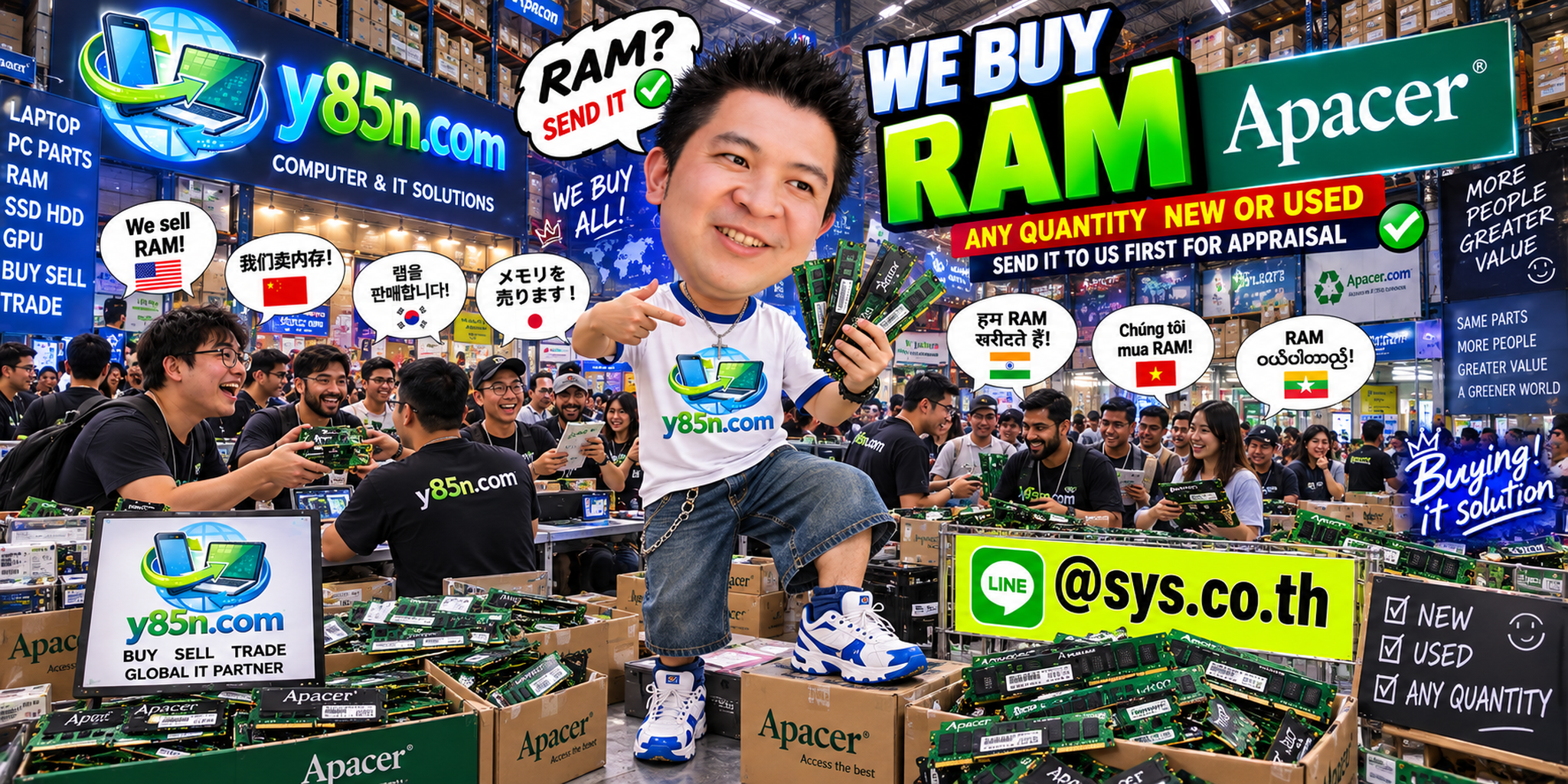 Y85N.com team and customers at a busy Apacer RAM buying warehouse in Thailand