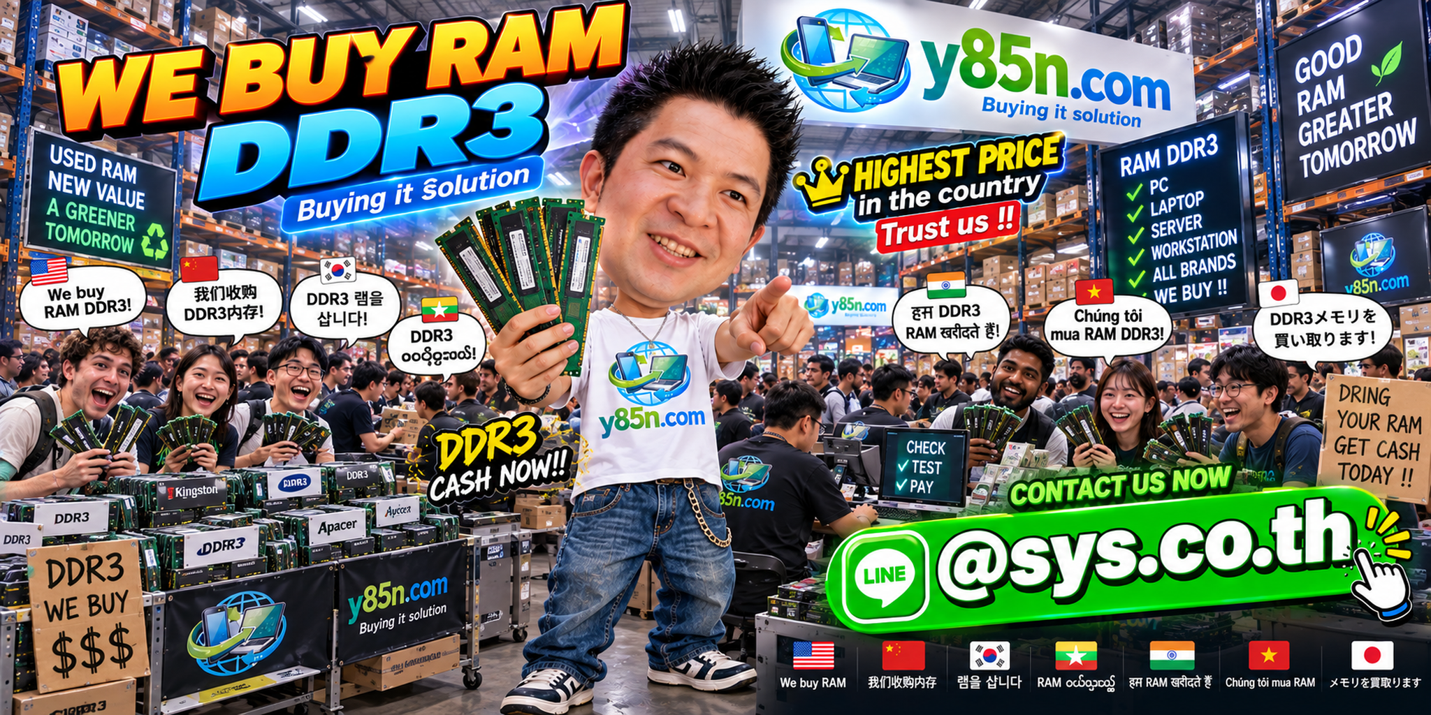 Y85N.com warehouse buying DDR3 RAM with international seller messaging