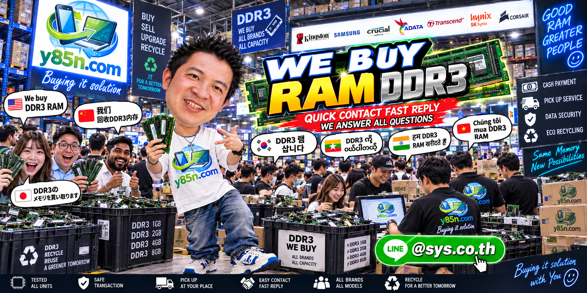 Y85N.com DDR3 RAM buying service contact banner with LINE at sys.co.th