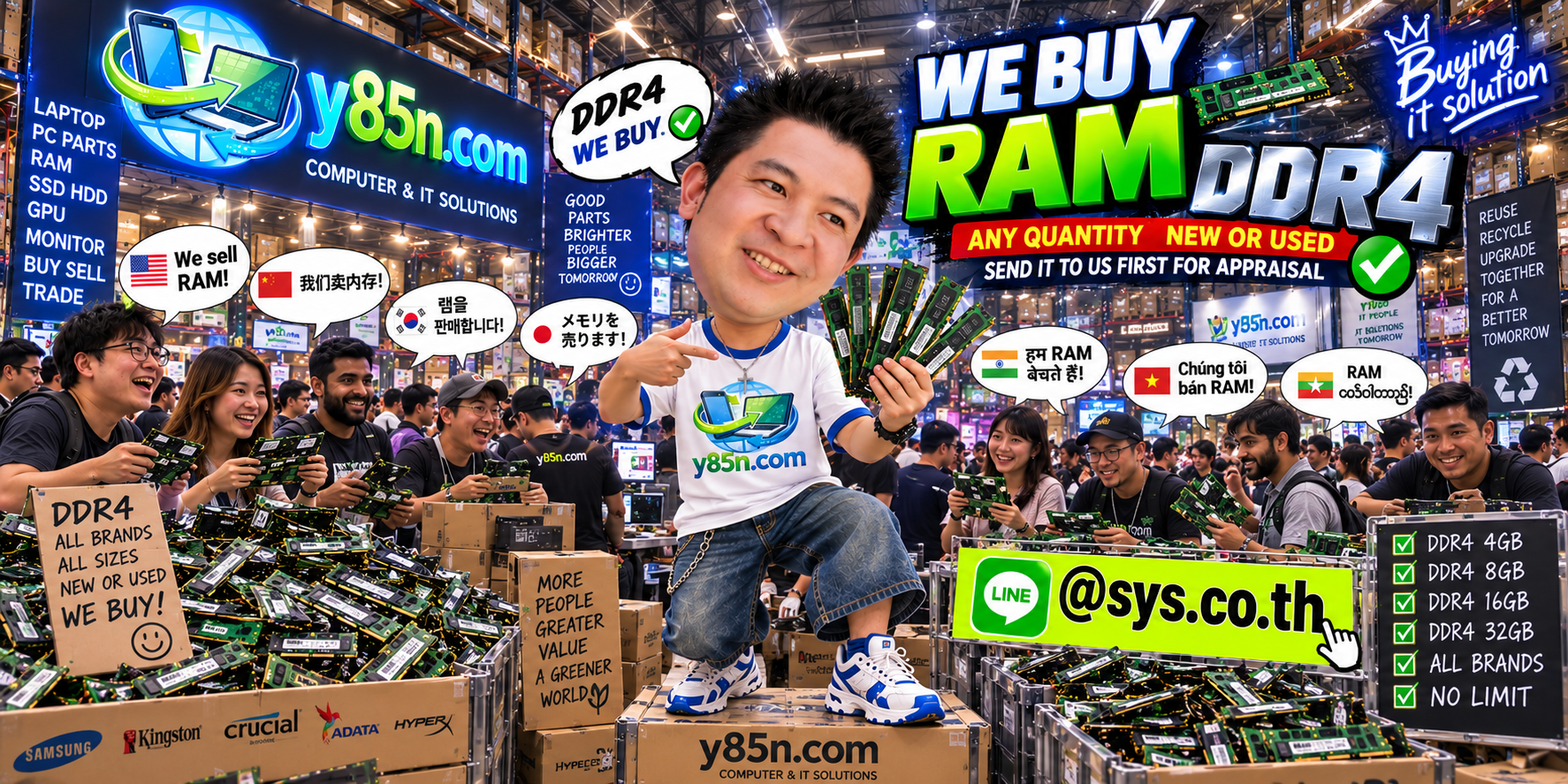 Busy Y85N.com DDR4 RAM buying warehouse with customers and staff sorting memory modules