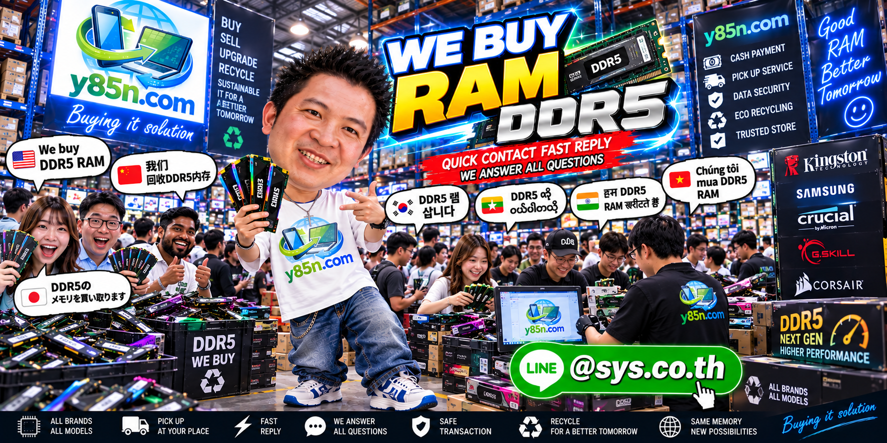 Y85N.com DDR5 RAM buying service contact banner with LINE at sys.co.th