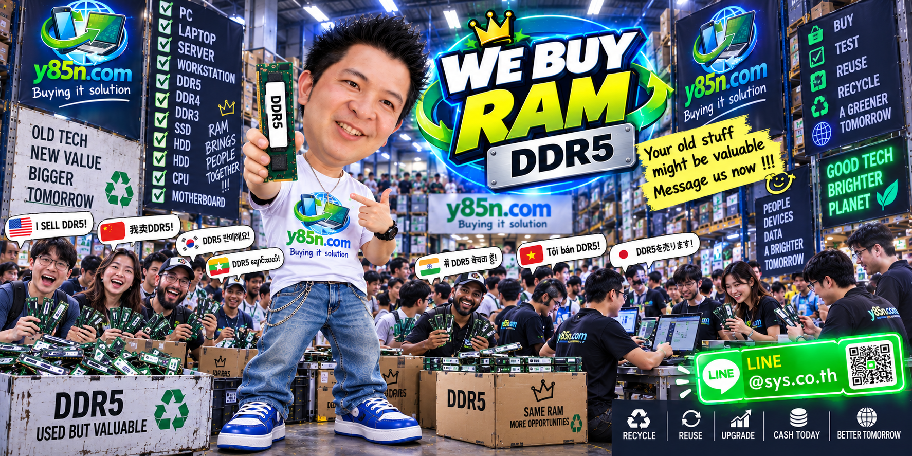 Busy Y85N.com IT warehouse showing professional DDR5 RAM buying in Thailand