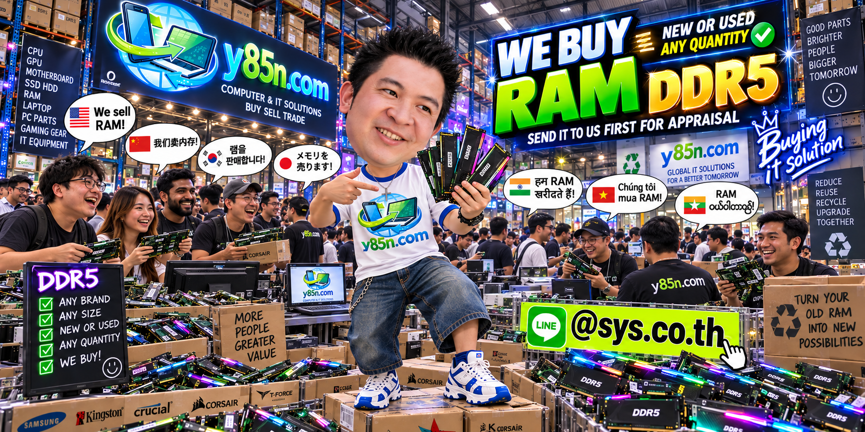 Y85N.com team and customers in a busy warehouse buying used DDR5 RAM