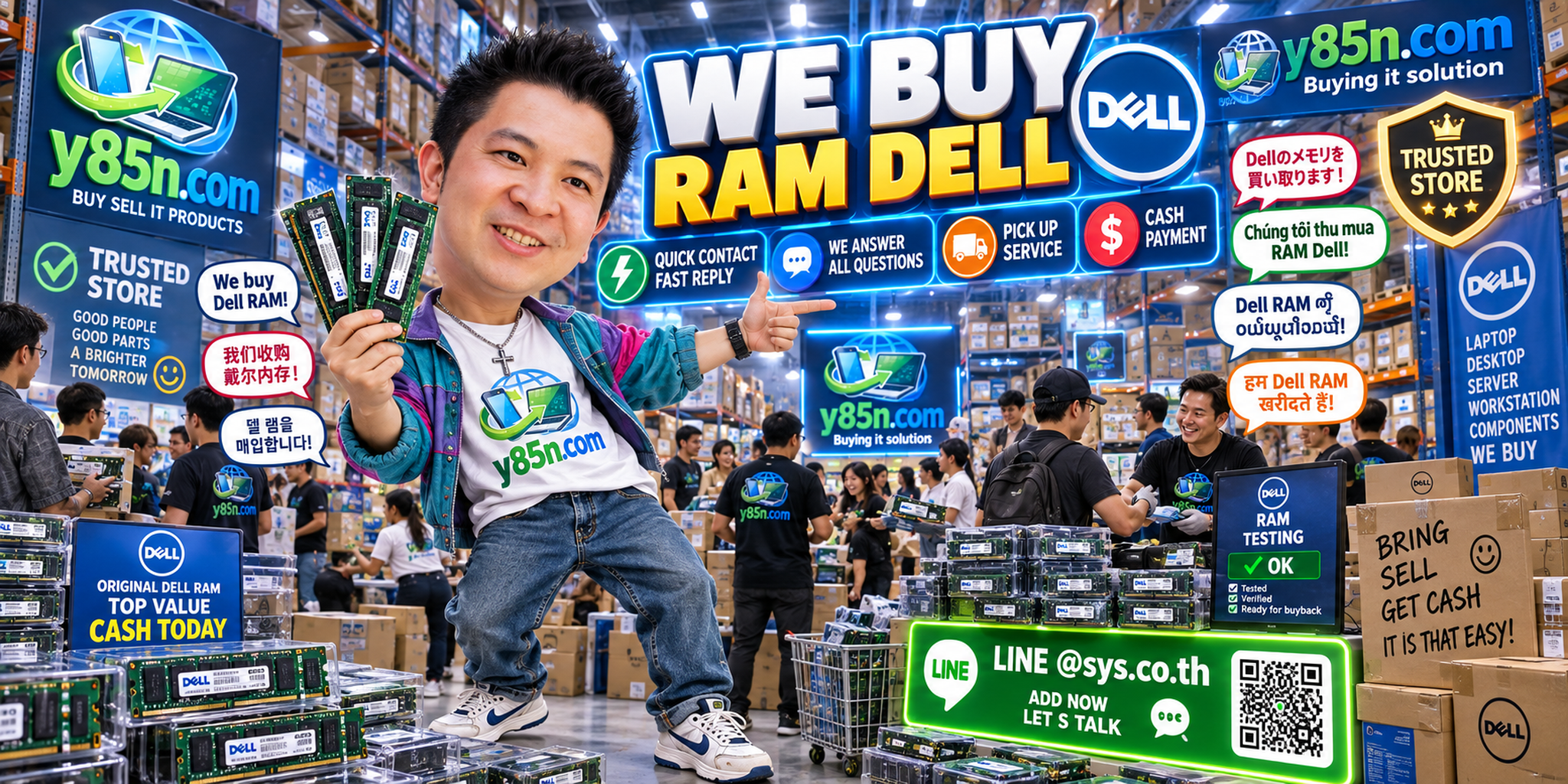 Y85N.com Dell RAM buying service contact banner with LINE at sys.co.th