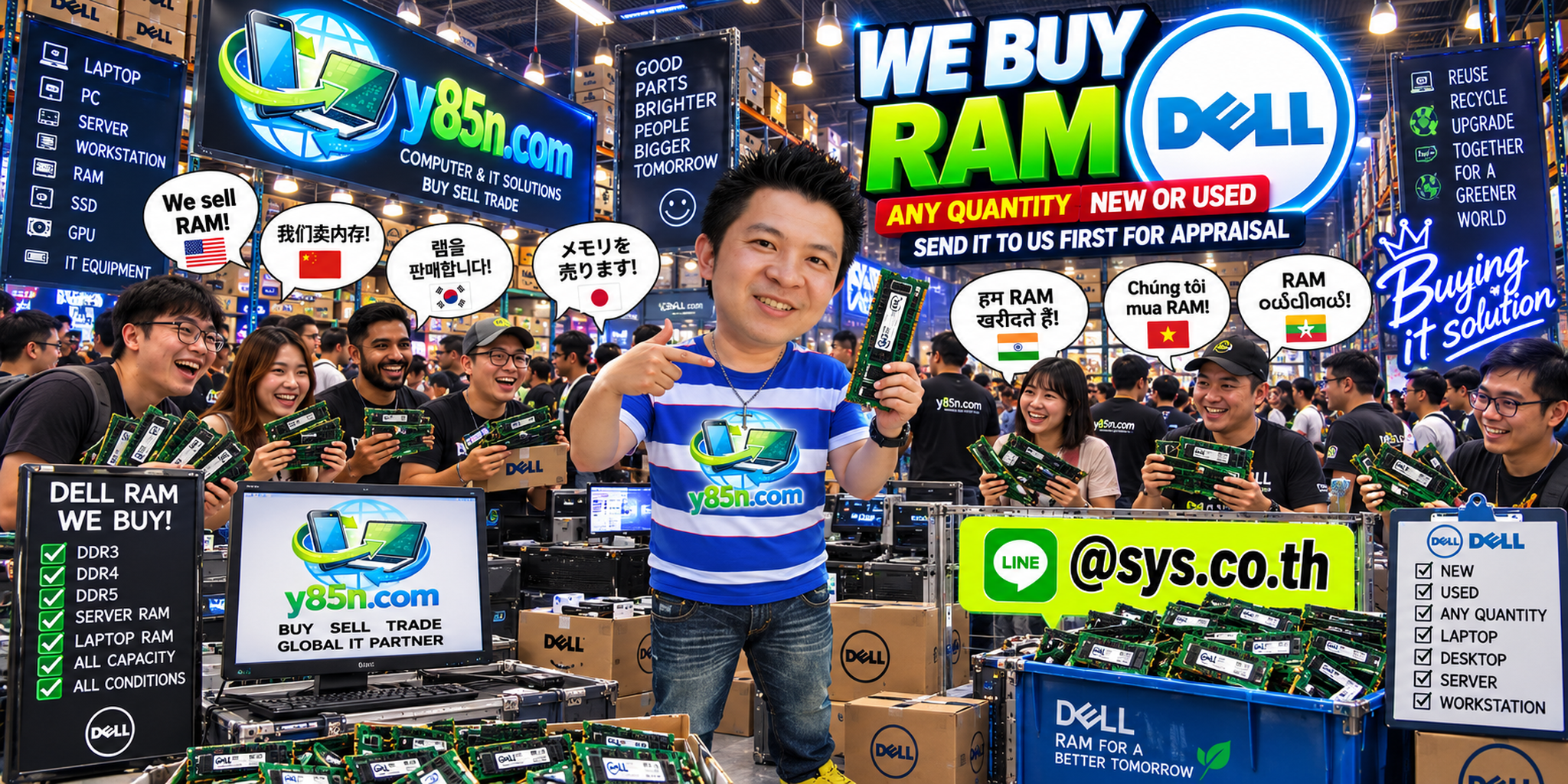 Y85N.com team and customers at a busy warehouse buying Dell RAM and server memory