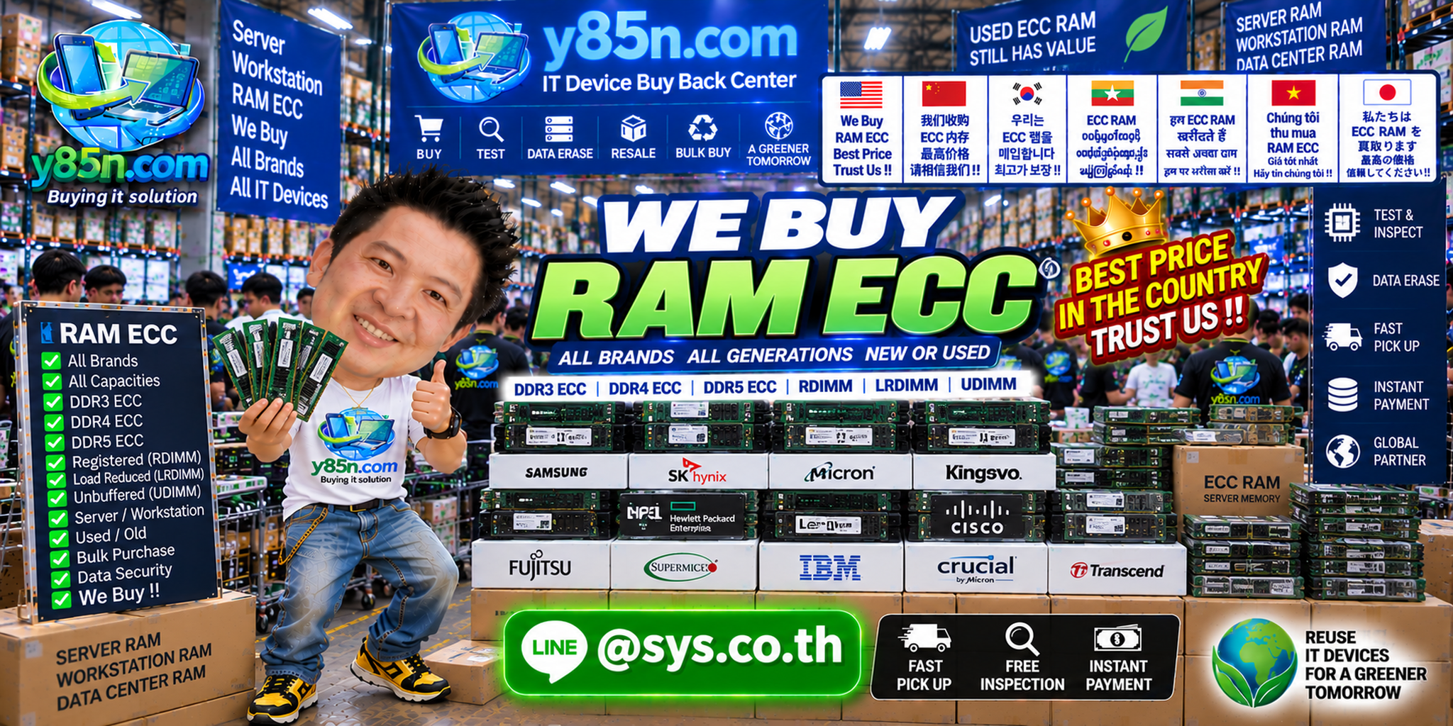 Busy Y85N.com IT warehouse showing RAM ECC buying service in Thailand