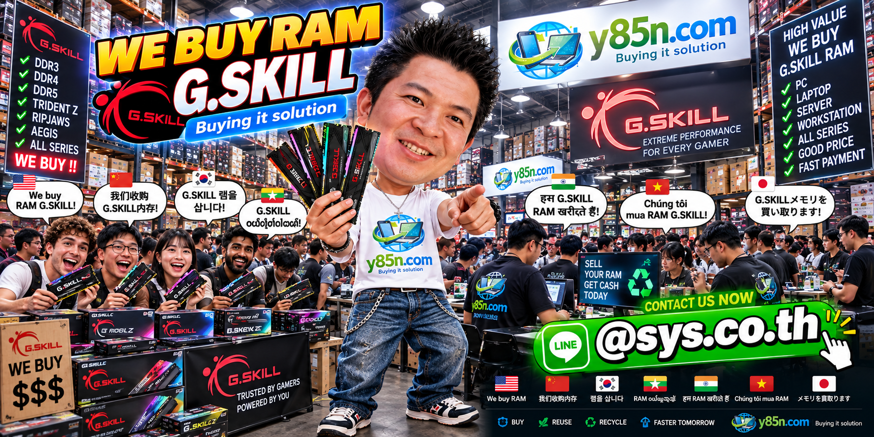 Y85N.com warehouse buying G.SKILL RAM with international seller messaging