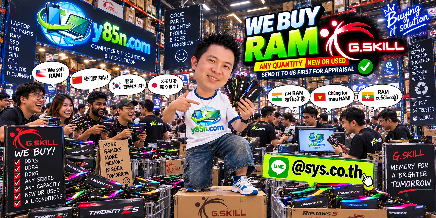 Y85N.com team and customers in a busy warehouse buying G.SKILL RAM and computer memory