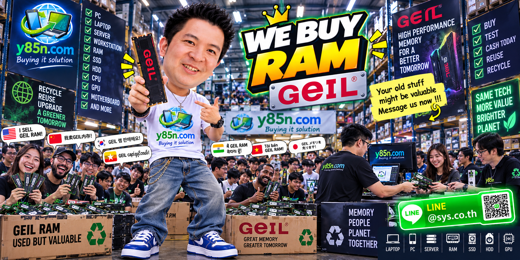 Busy Y85N.com computer warehouse promoting professional GeIL RAM buying in Thailand