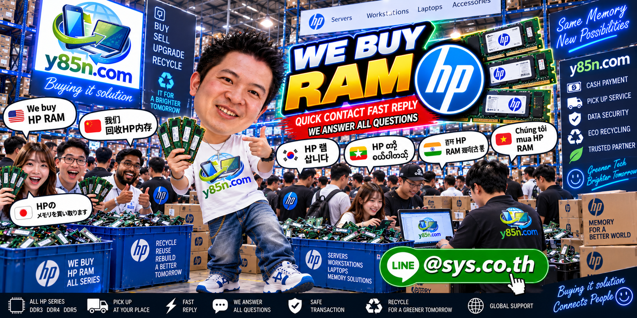 Y85N.com HP RAM buying service contact banner with LINE at sys.co.th