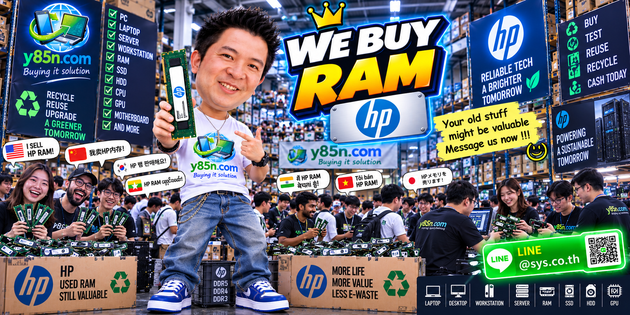 Busy Y85N.com technology warehouse promoting HP RAM buying service across Thailand