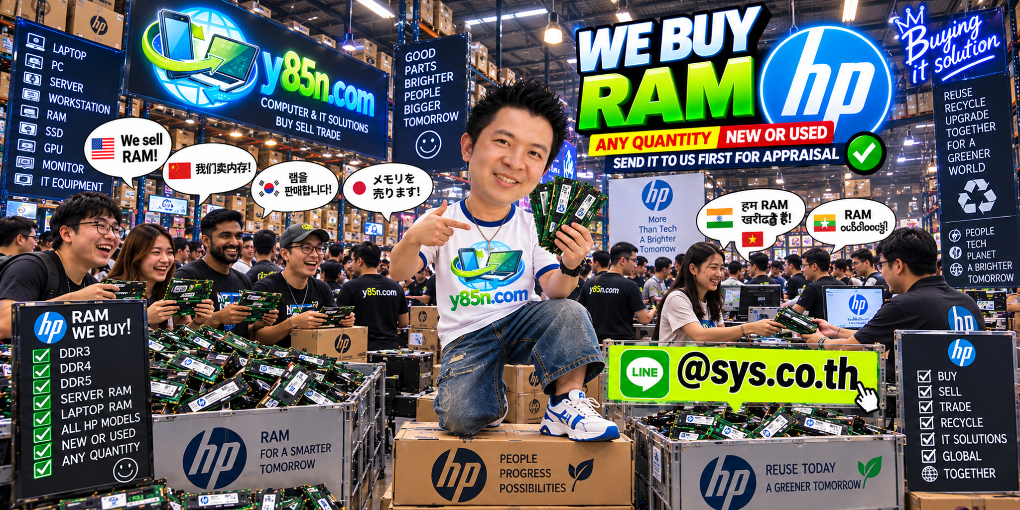 Y85N.com team and customers at a busy technology warehouse buying HP RAM in Thailand