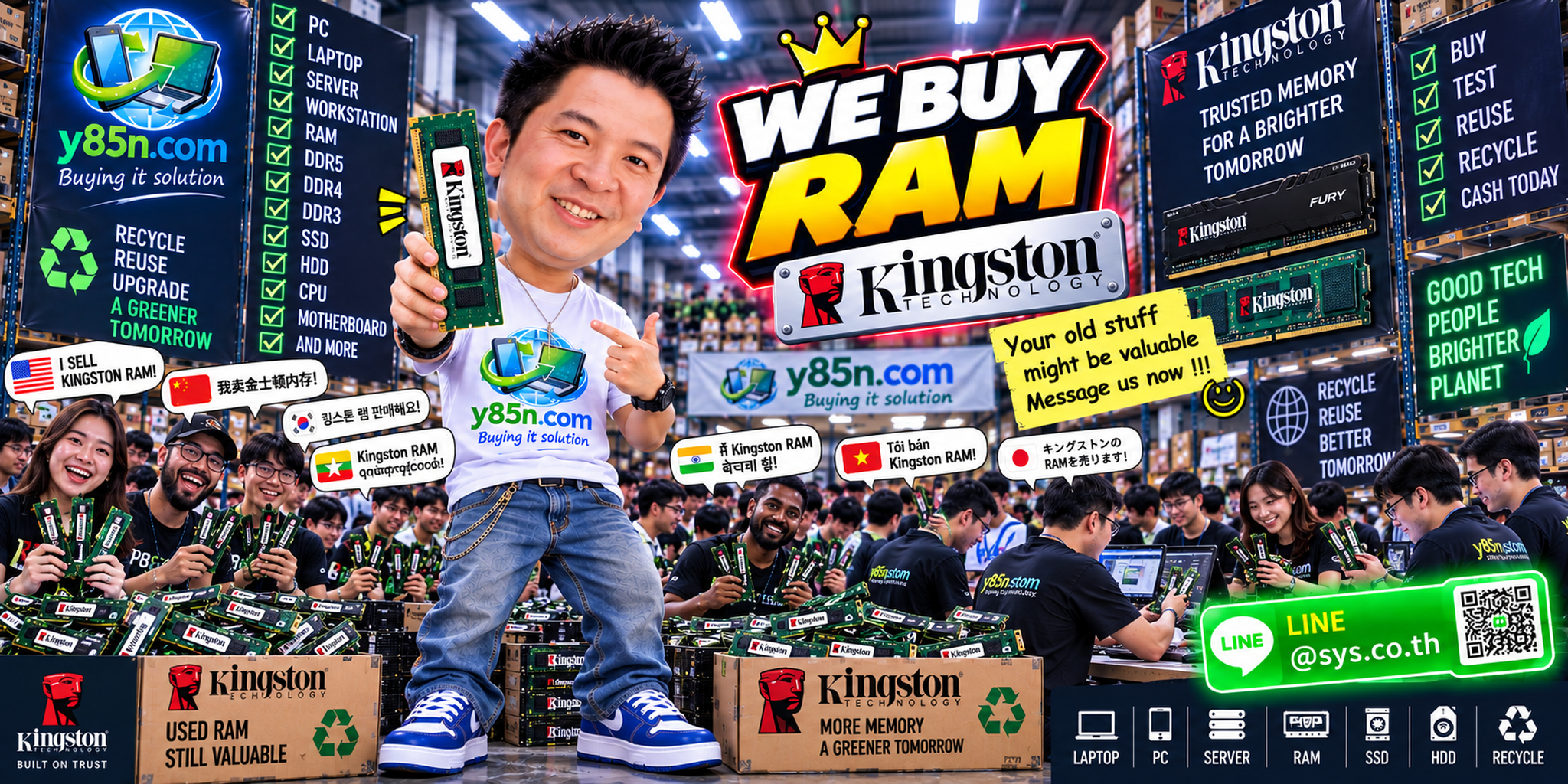 Busy Y85N.com warehouse showing a professional Kingston RAM buying service in Thailand