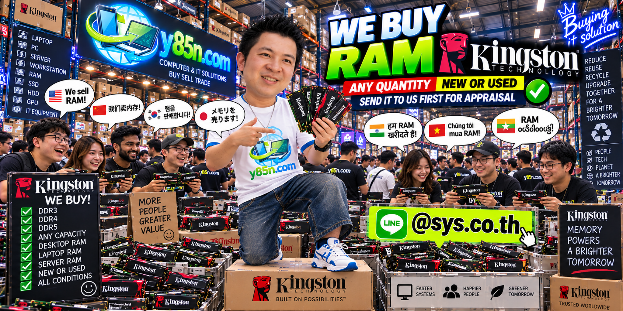 Y85N.com team and customers at a busy IT warehouse focused on Kingston RAM buying in Thailand