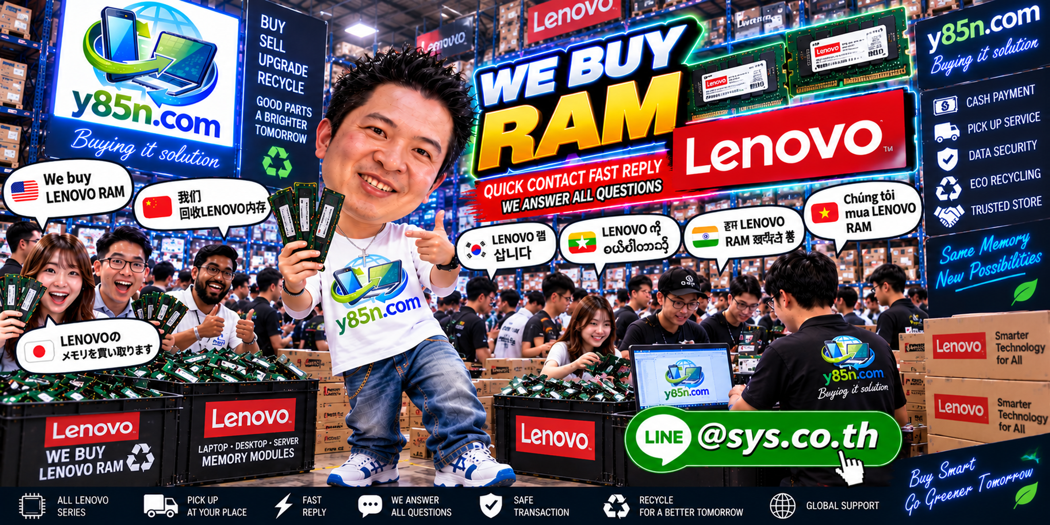 Y85N.com Lenovo RAM buying service contact banner with LINE at sys.co.th