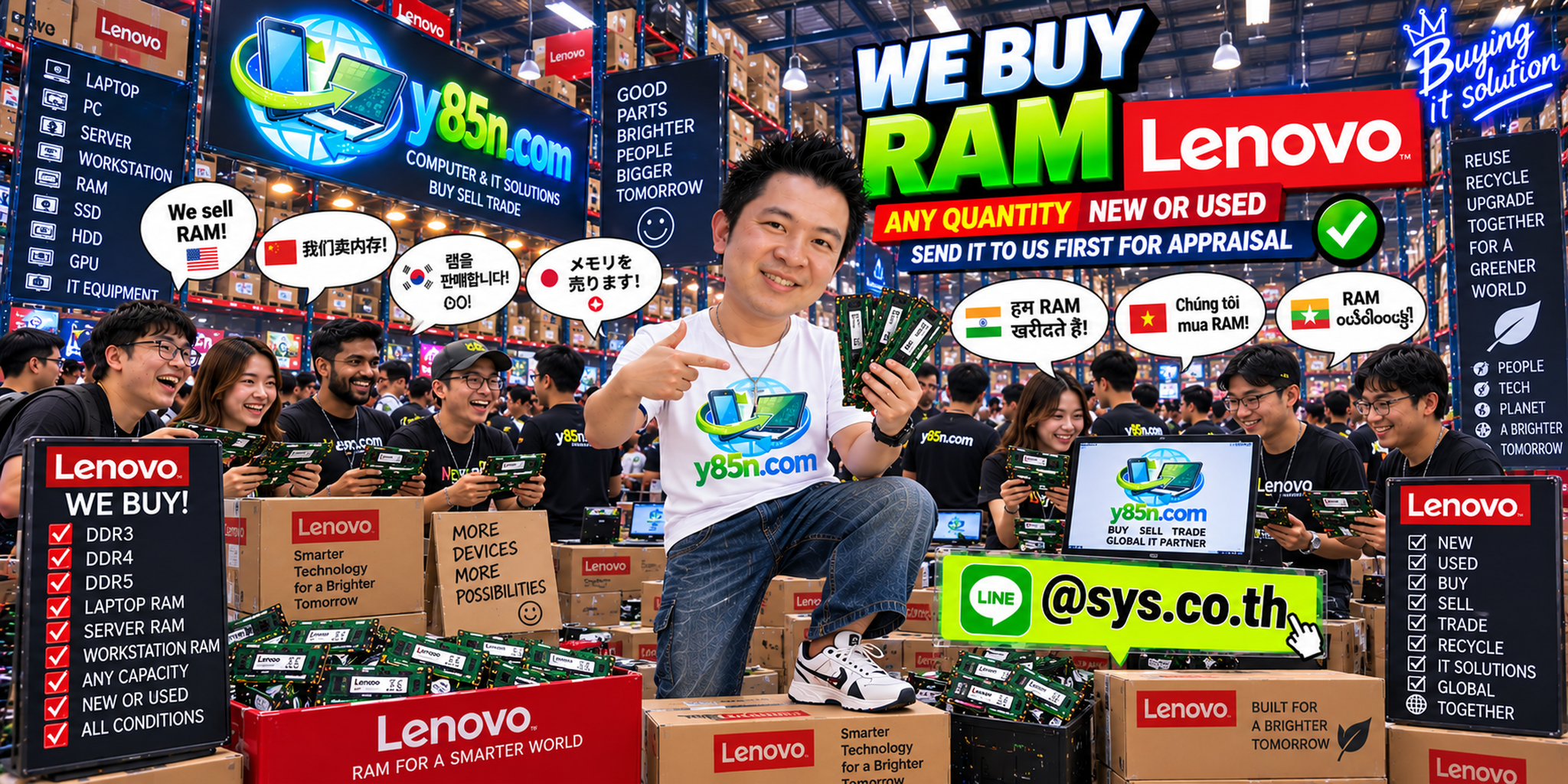 Y85N.com team and customers at a busy Lenovo RAM buying warehouse in Thailand