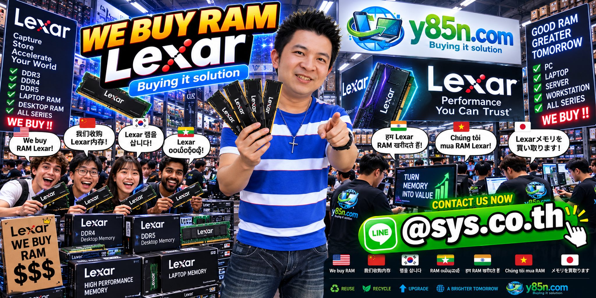 Y85N.com warehouse buying Lexar RAM with international seller messaging