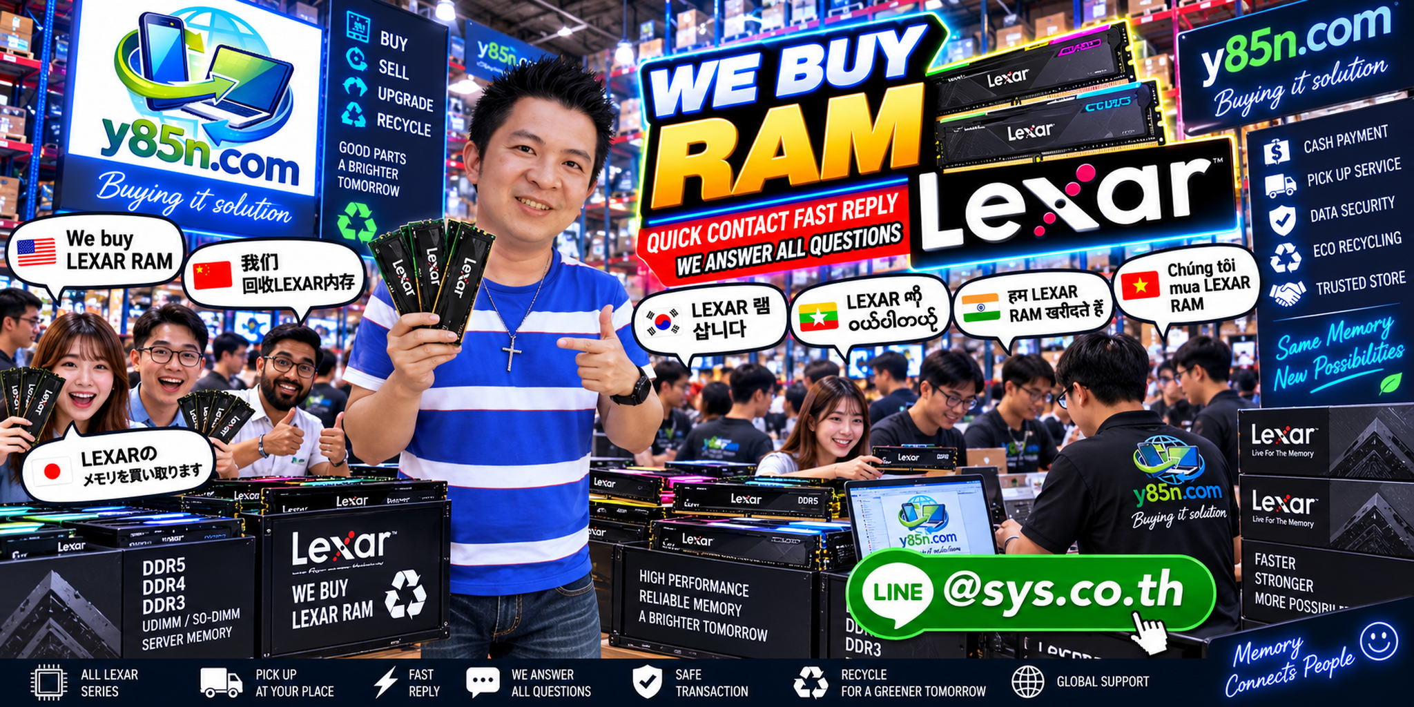 Y85N.com Lexar RAM buying service contact banner with LINE at sys.co.th