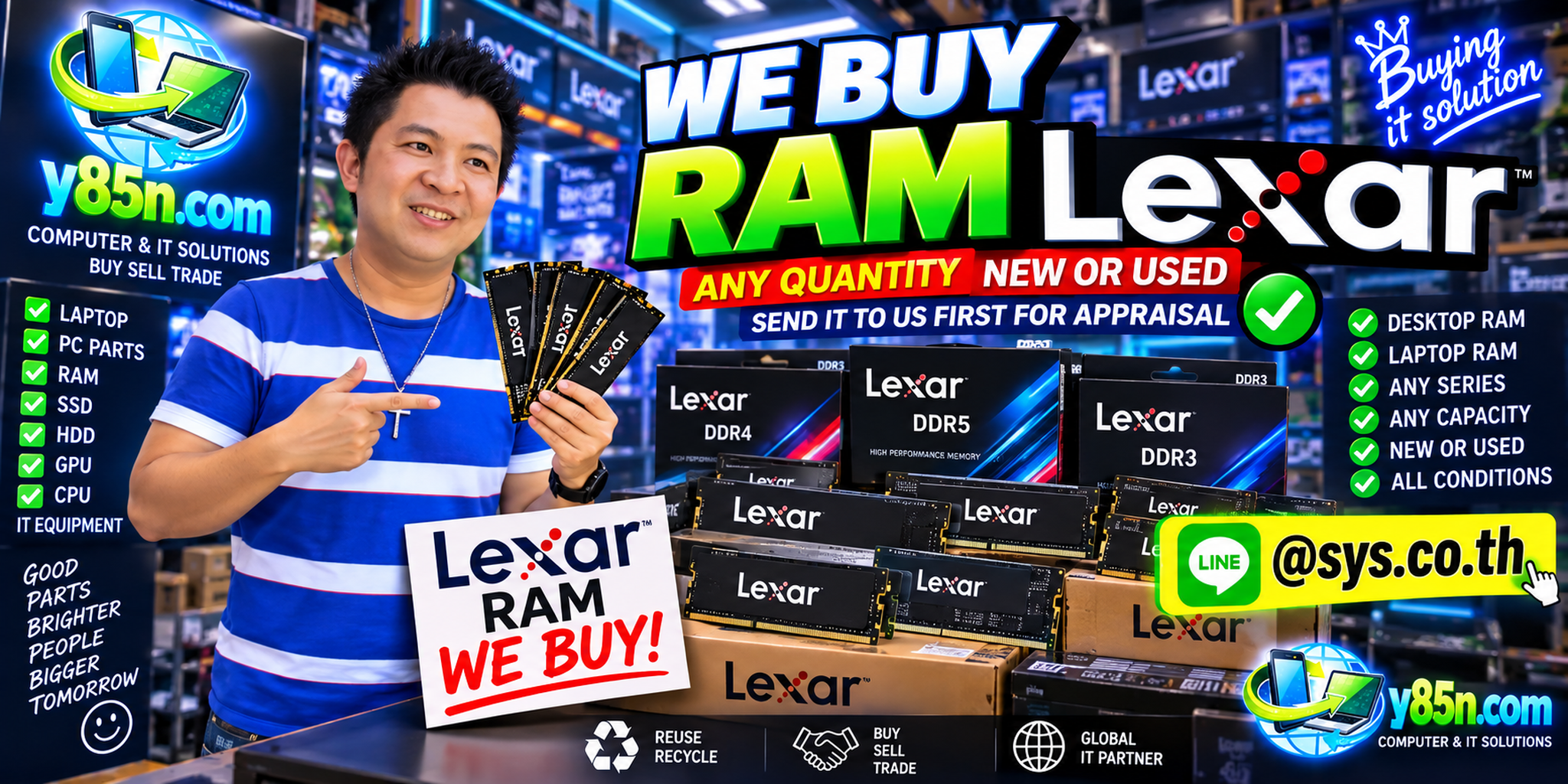 Busy Y85N.com warehouse buying Lexar RAM and computer memory from many sellers