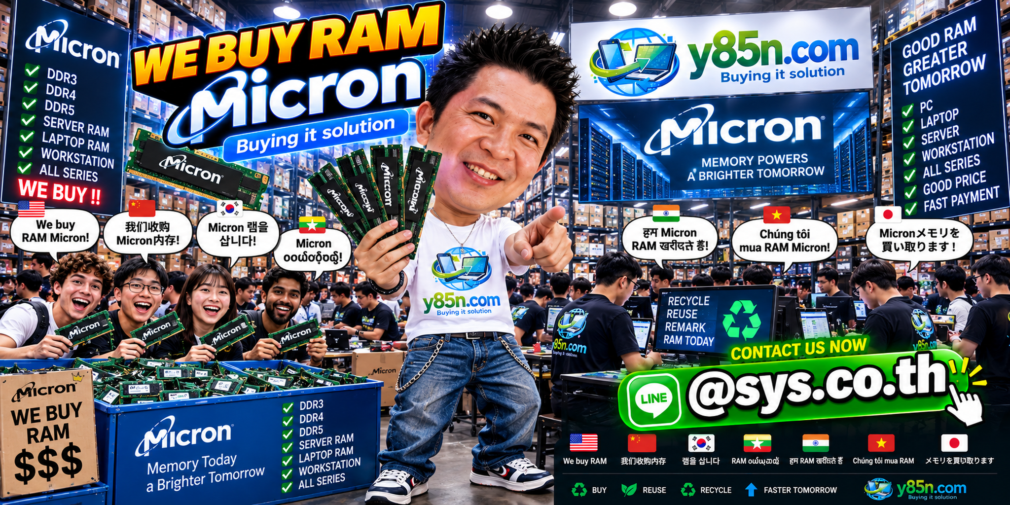 Y85N.com warehouse buying used Micron RAM with international seller support in Thailand