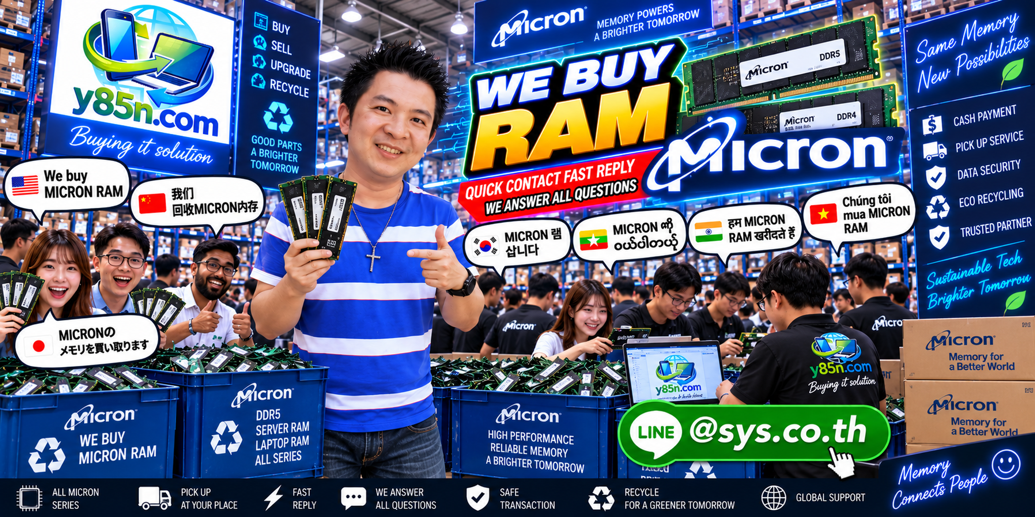 Y85N.com Micron RAM buying service contact banner with LINE at sys.co.th