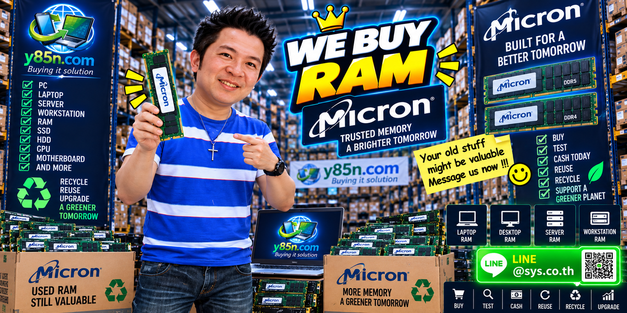 Busy Y85N.com computer warehouse offering Micron RAM buying service across Thailand