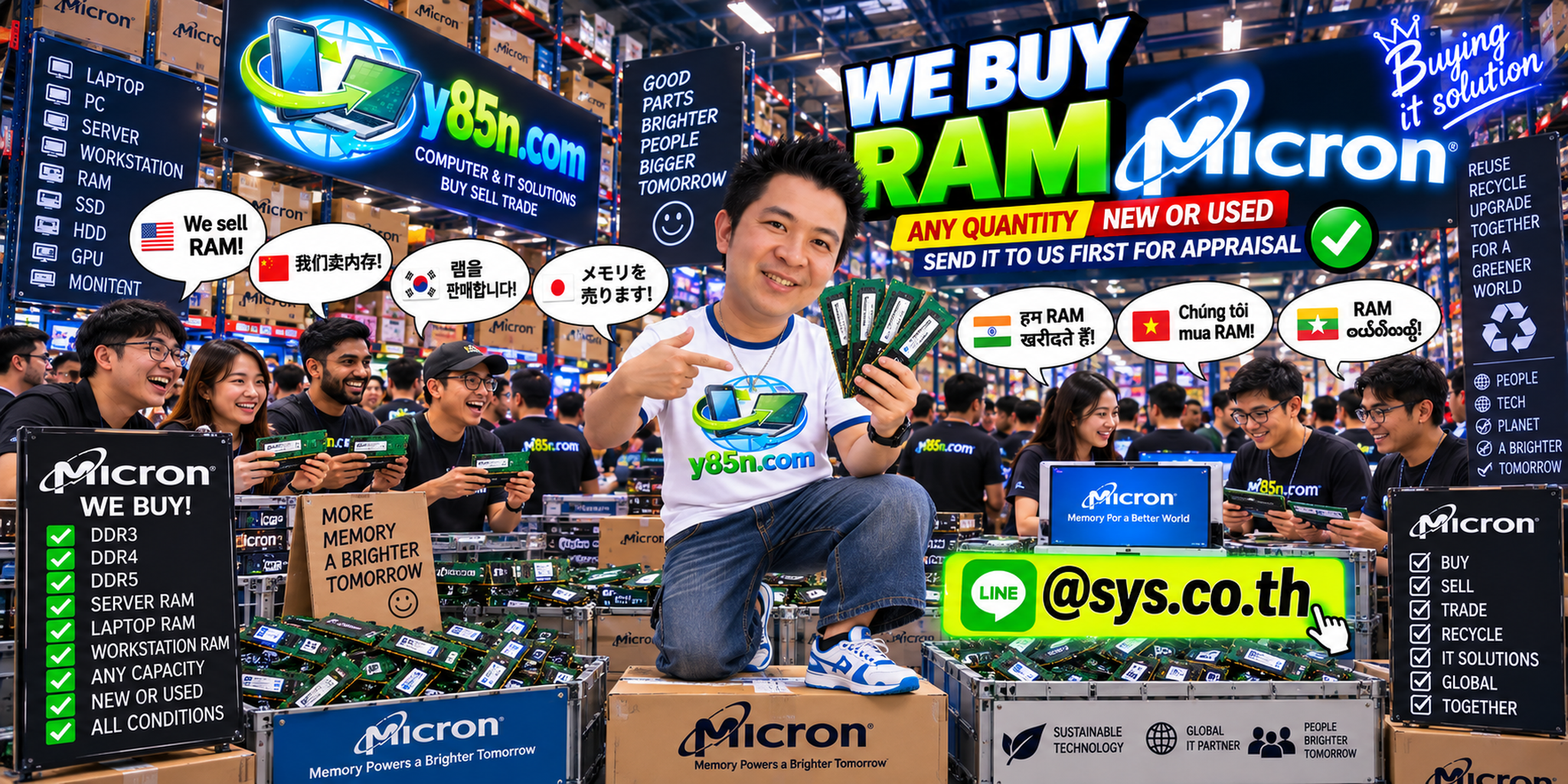 Y85N.com team and customers at a busy Micron RAM buying warehouse in Thailand