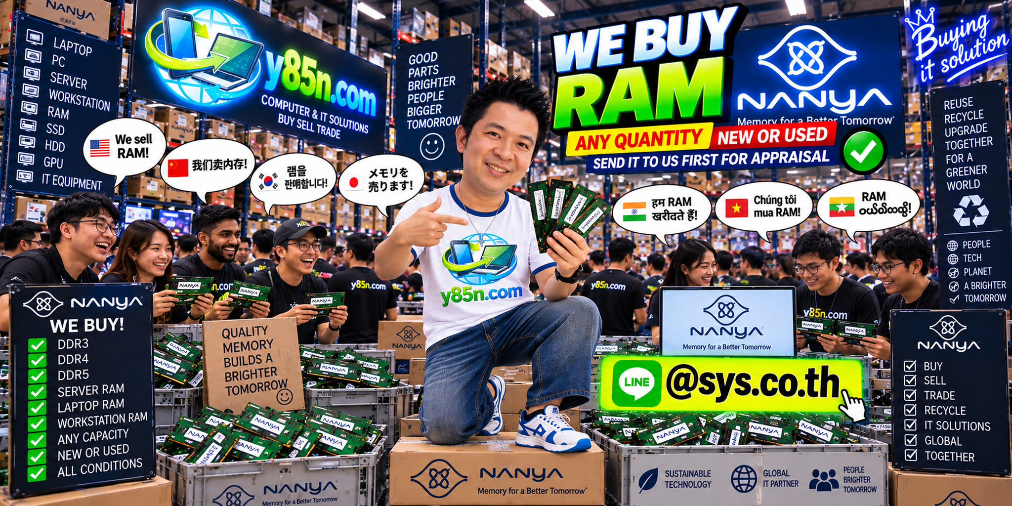 Y85N.com team buying Nanya RAM in a busy computer warehouse in Thailand