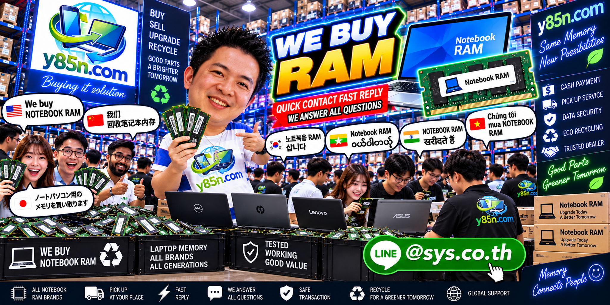 Y85N.com notebook RAM buying contact banner with LINE at sys.co.th