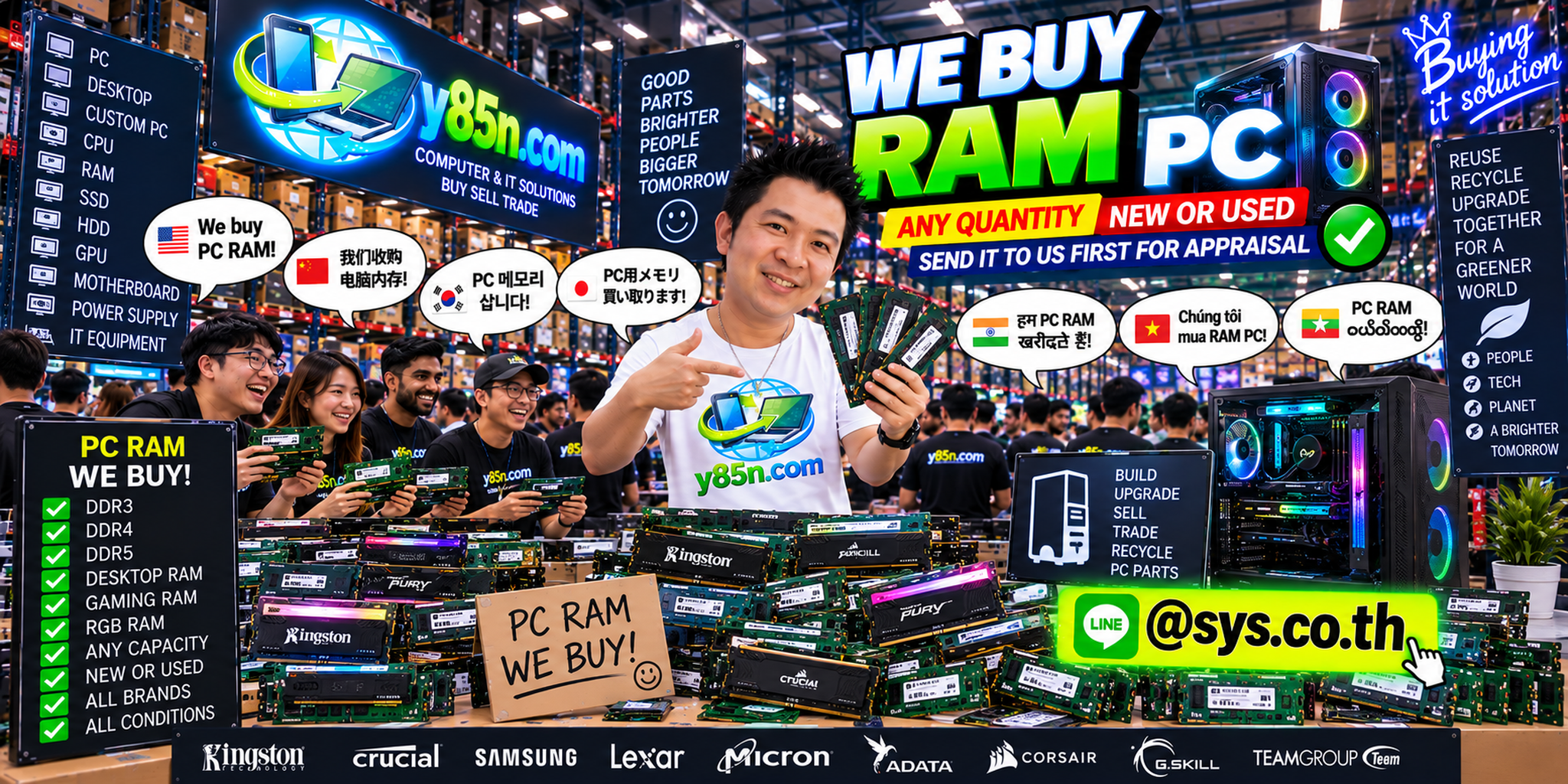 Y85N.com customers bringing PC RAM to a busy computer memory buying warehouse in Thailand