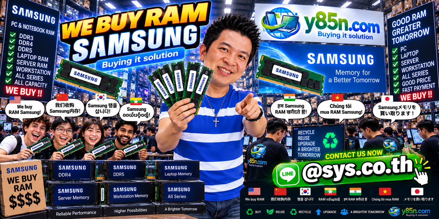 Y85N.com warehouse buying used Samsung RAM with international seller messaging
