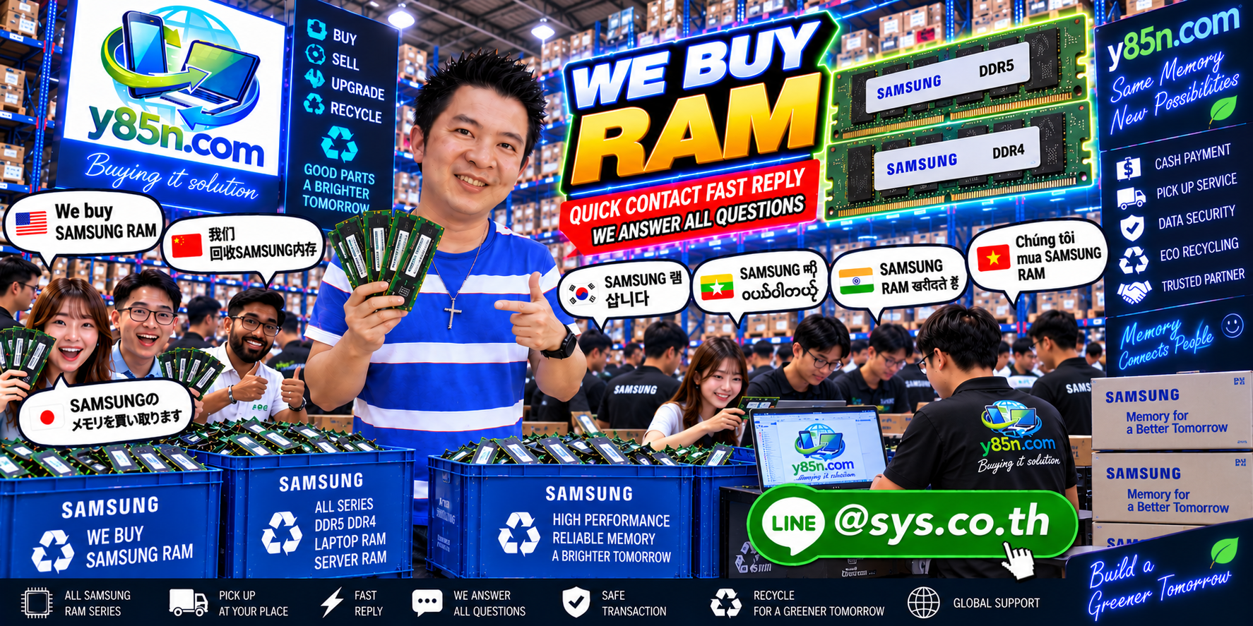 Y85N.com Samsung RAM buying service contact banner with LINE at sys.co.th
